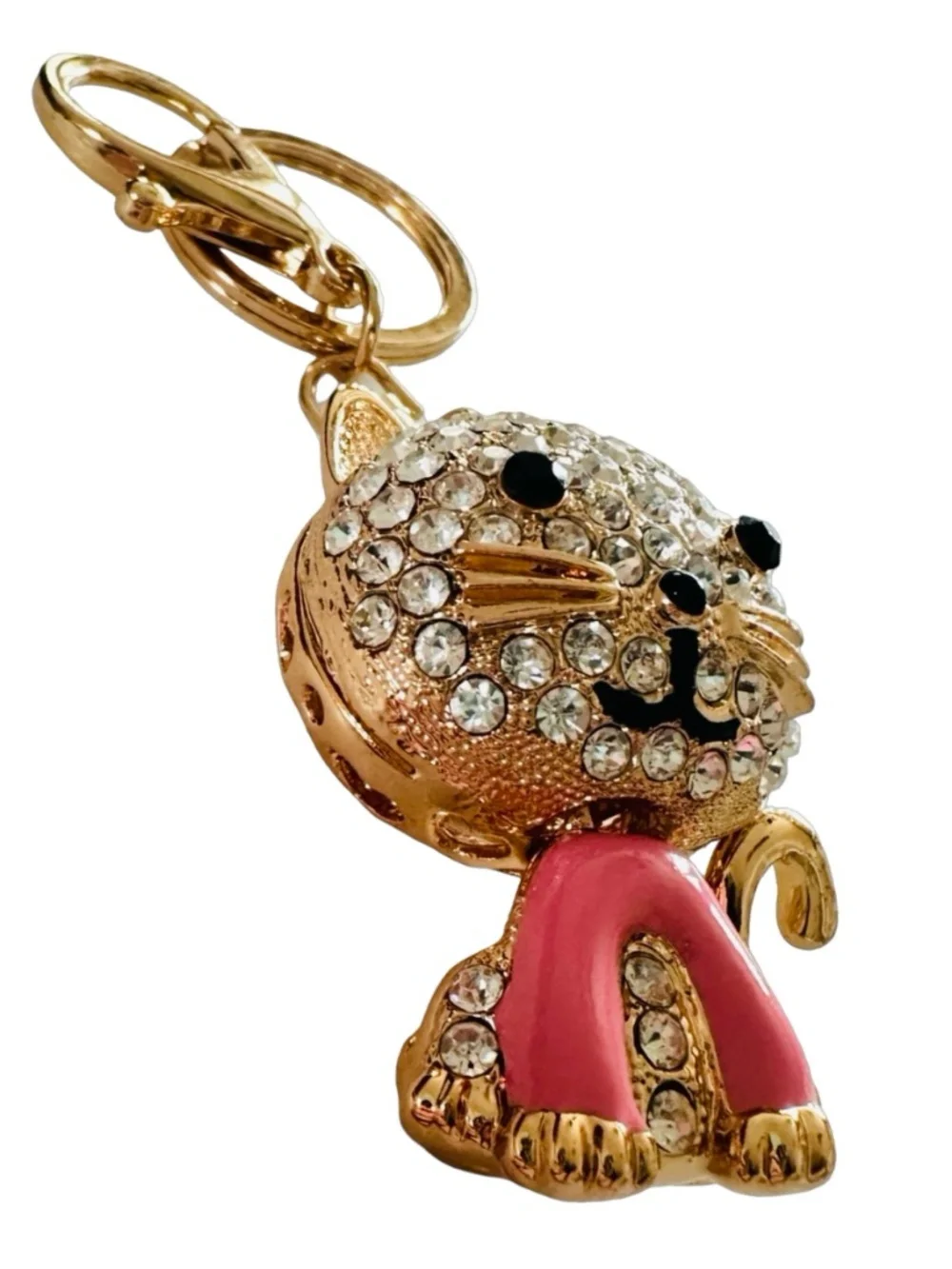 Gold-tone Pink Enameled Jeweled Cat Keychain Ring Handbag Charm 4.5” Luxury